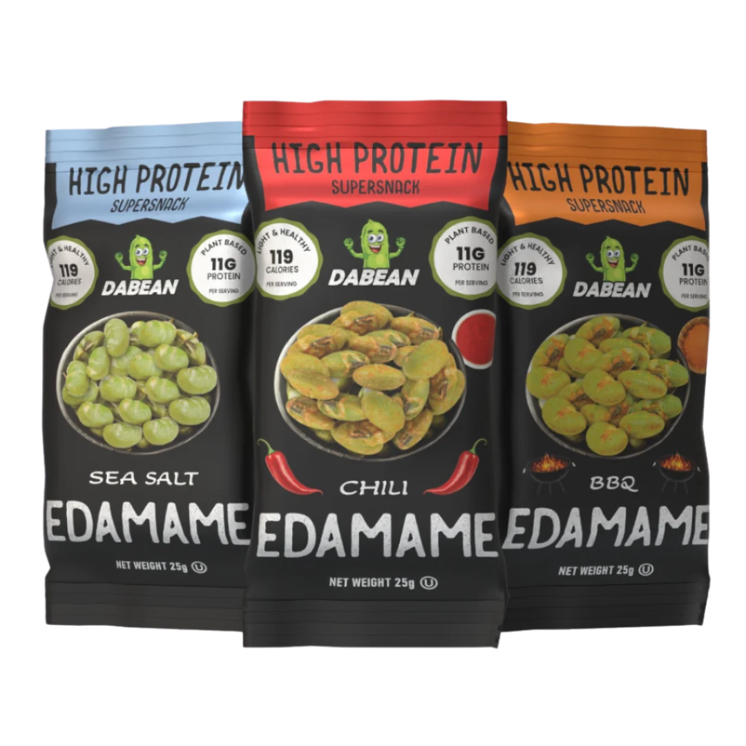 Prażone edamame DABEAN w trzech smakach: sól morska, BBQ i chili